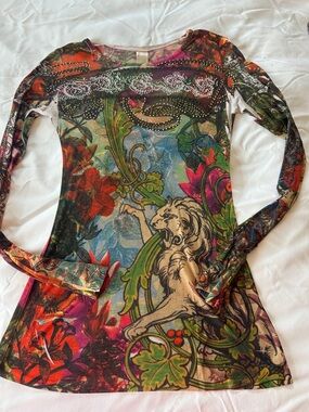 Embellished Multicolor Floral & Lion Mesh Top